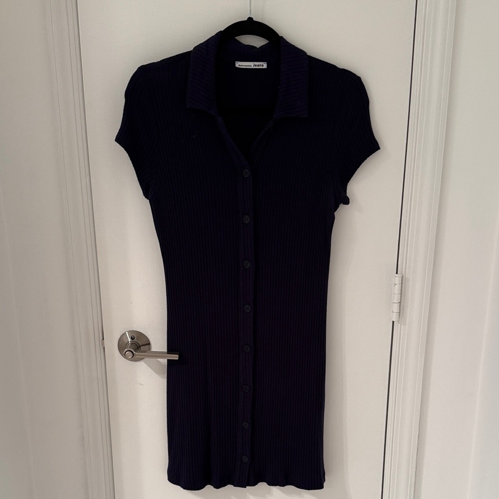 Reformation Navy Blue Ribbed Collared Mini Dress